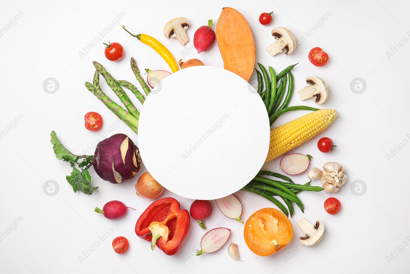 Photo of Flat lay composition with fresh vegetables and blank card for text on white background