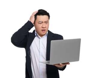 Photo of Confused businessman in suit with laptop on white background