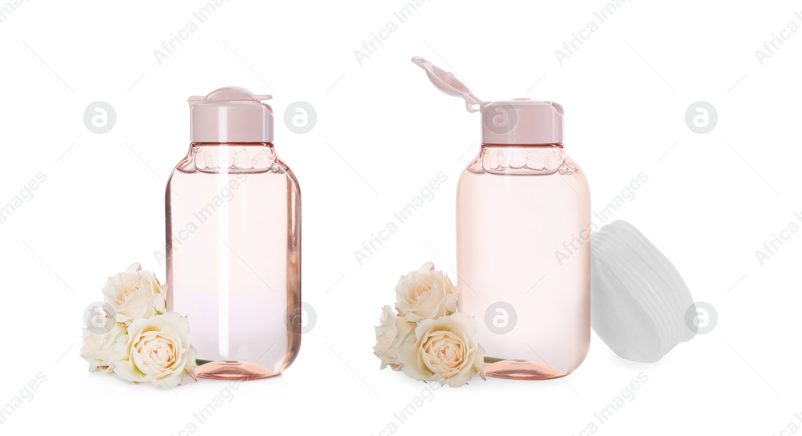 Image of Collage with bottle of micellar cleansing water on white background