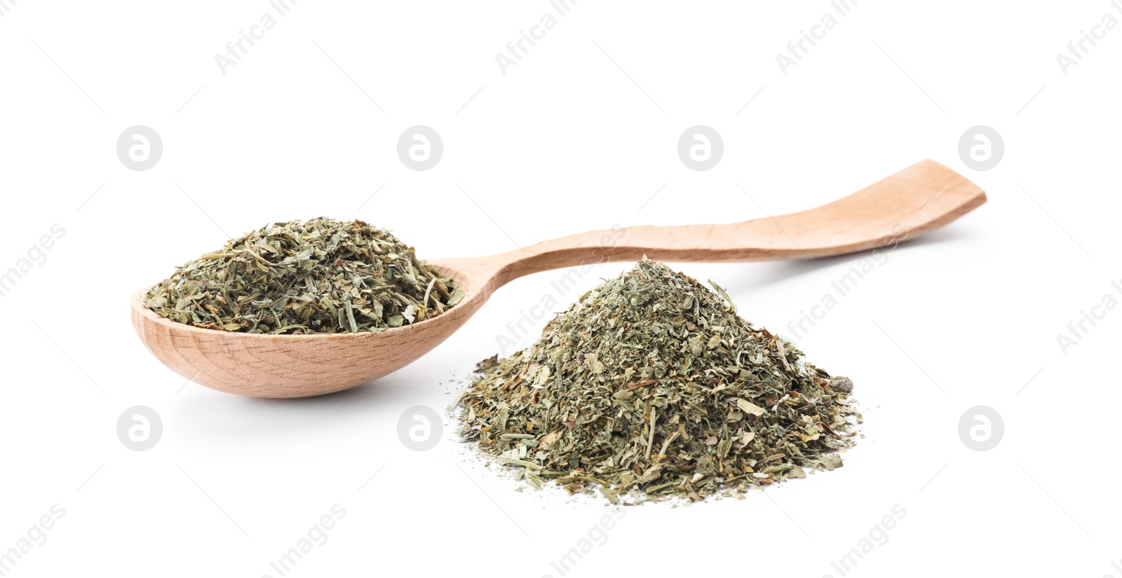 Photo of Wooden spoon and dried parsley on white background