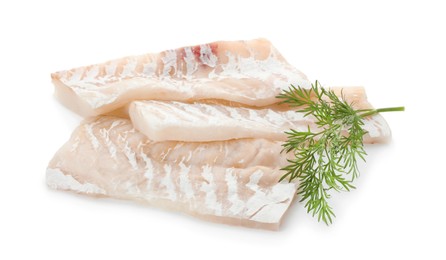 Fresh raw cod fillets with dill isolated on white