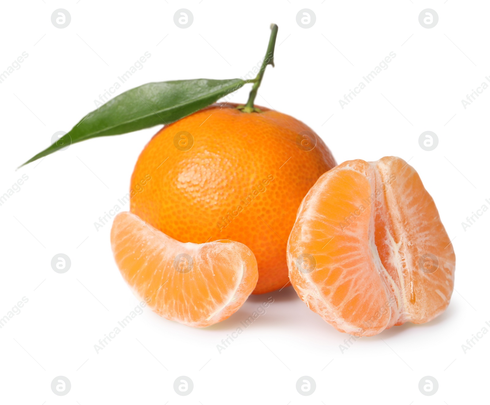 Photo of Fresh ripe juicy tangerines with green leaf isolated on white