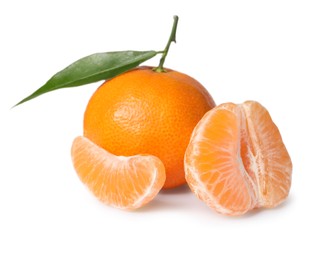 Photo of Fresh ripe juicy tangerines with green leaf isolated on white