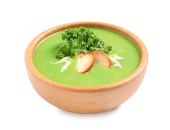 Photo of Tasty kale soup with croutons isolated on white