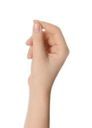 Photo of Woman showing thumb and index finger together isolated on white, closeup