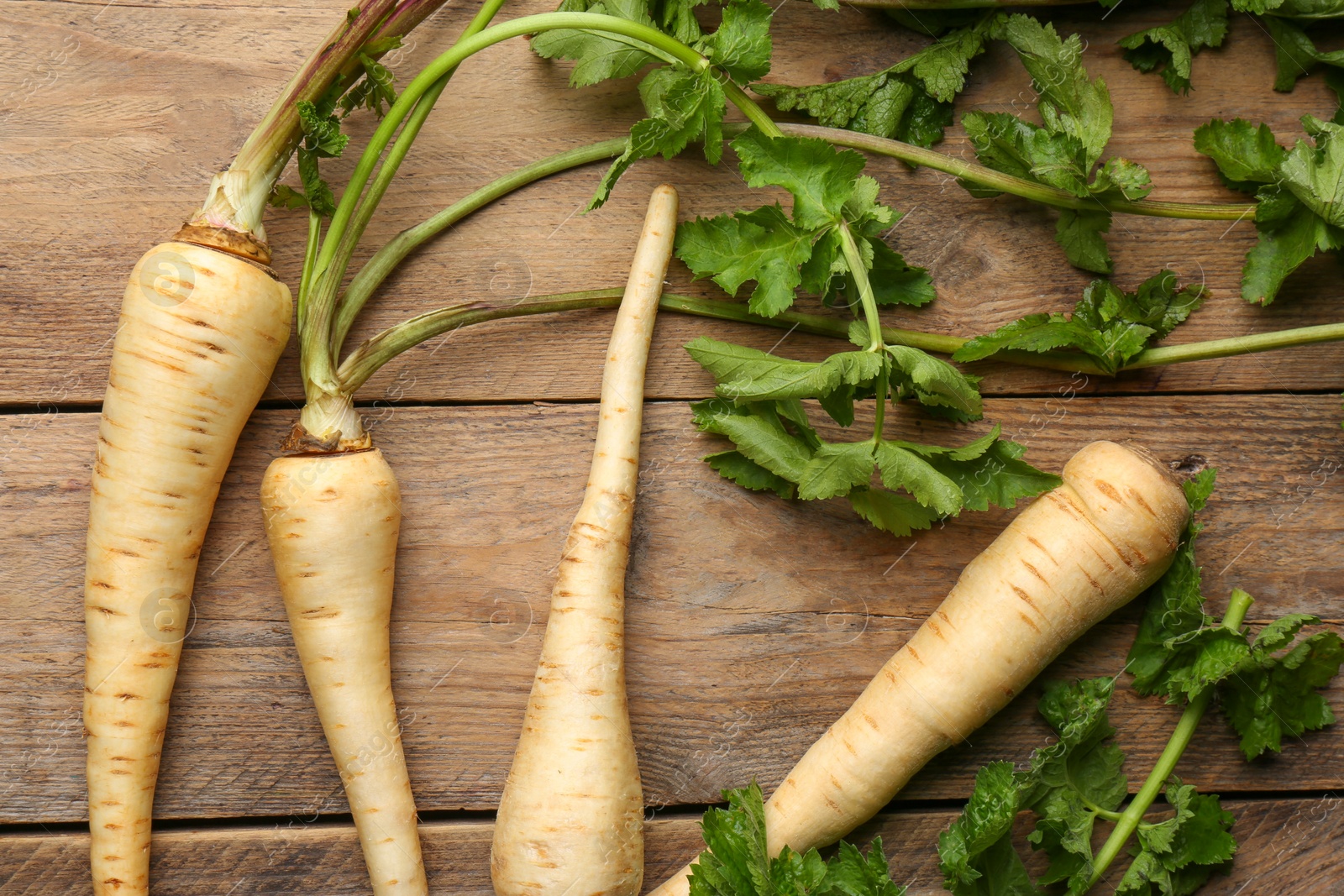 Photo of Fresh ripe parsnips with leaves on wooden table, flat lay
