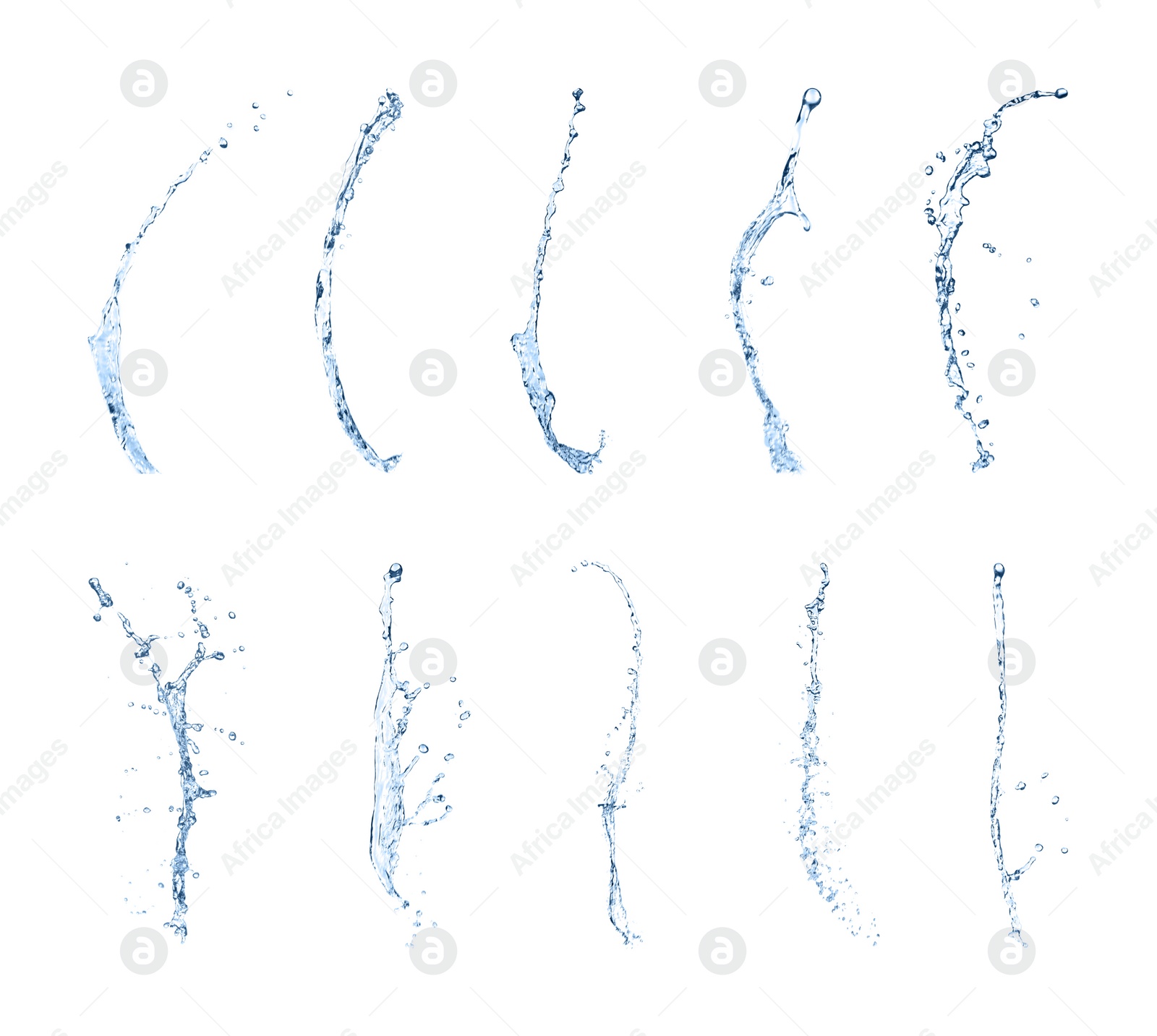 Image of Set with clear water splashes on white background