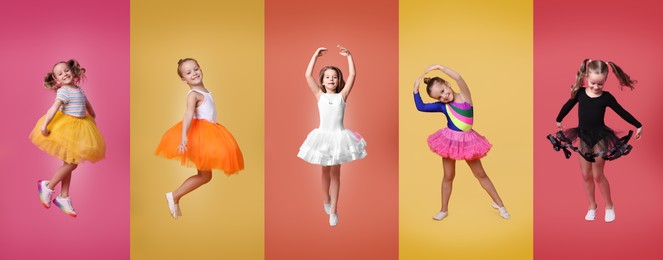 Image of Cute little girls dancing on different colors backgrounds, collectionphotos