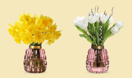 Image of Collage of stylish vase with different bouquets on pale yellow background