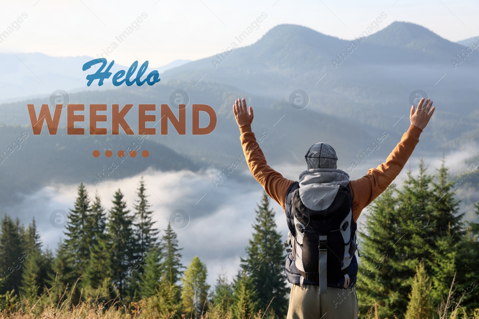 Image of Hello Weekend. Tourist with backpack in mountains on sunny day, back view