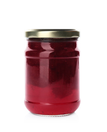 Photo of Glass jar with strawberry jam isolated on white. Pickling and preservation