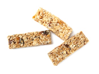 Photo of Different grain cereal bars on white background. Healthy snack