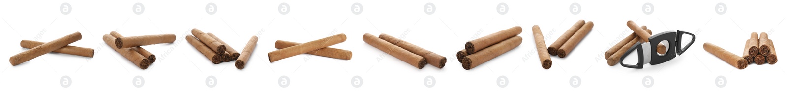 Image of Set with cigars wrapped in tobacco leaves and guillotine cutter on white background. Banner design