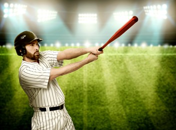 Image of Professional baseball player with bat on stadium