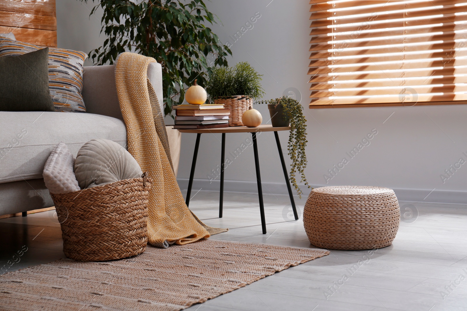 Photo of Stylish living room interior with comfortable sofa and wicker pouf