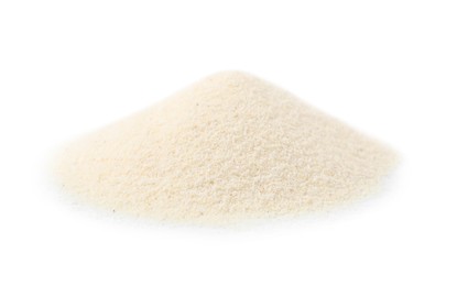 Photo of Pile of uncooked organic semolina isolated on white