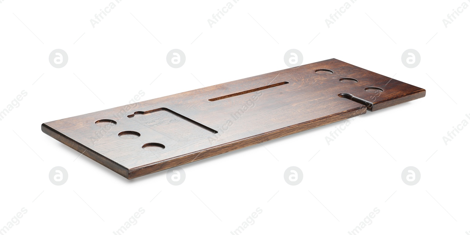 Photo of One wooden bathroom tray on white background