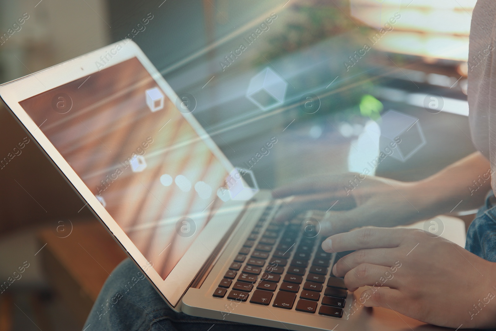 Image of Speed internet. Woman using modern laptop indoors, closeup. Motion blur effect symbolizing fast connection