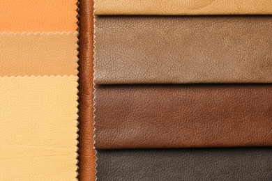 Leather samples of different colors for interior design as background