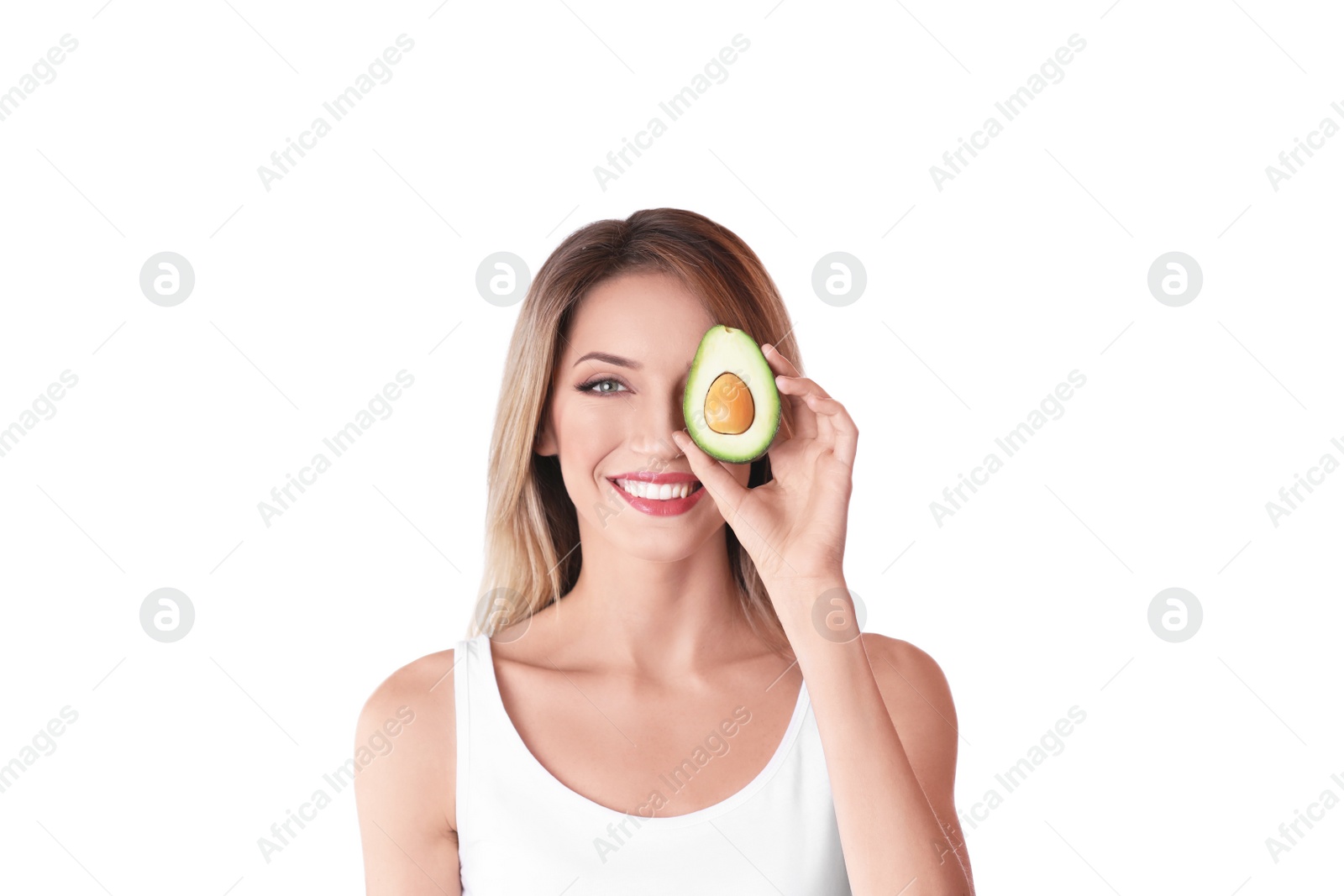 Photo of Portrait of young beautiful woman with ripe delicious avocado on white background