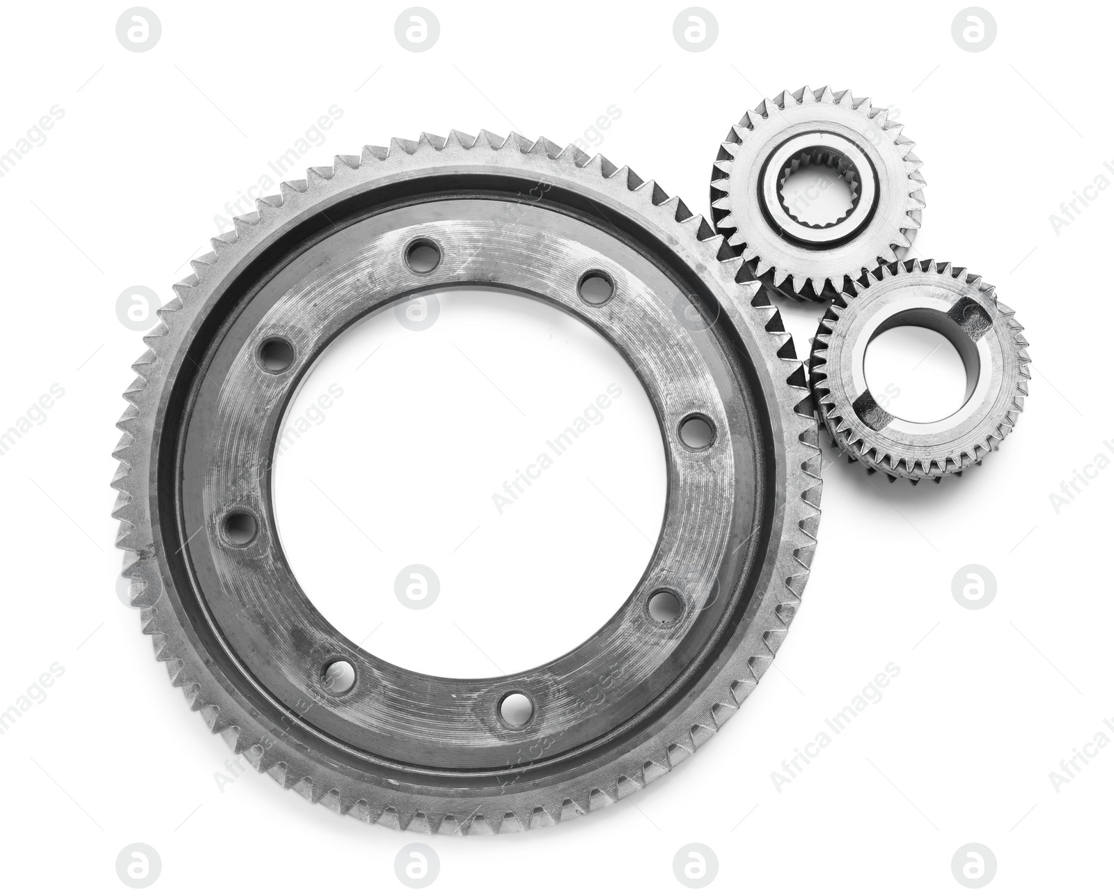 Photo of Different stainless steel gears on white background, top view