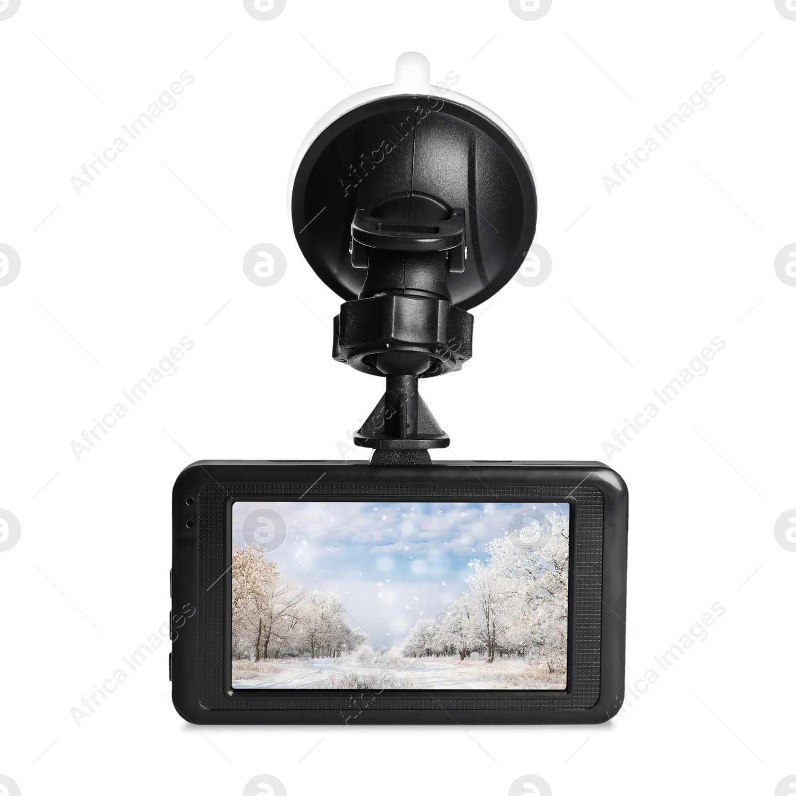 Image of Modern car dashboard camera with photo of snowy road on screen against white background