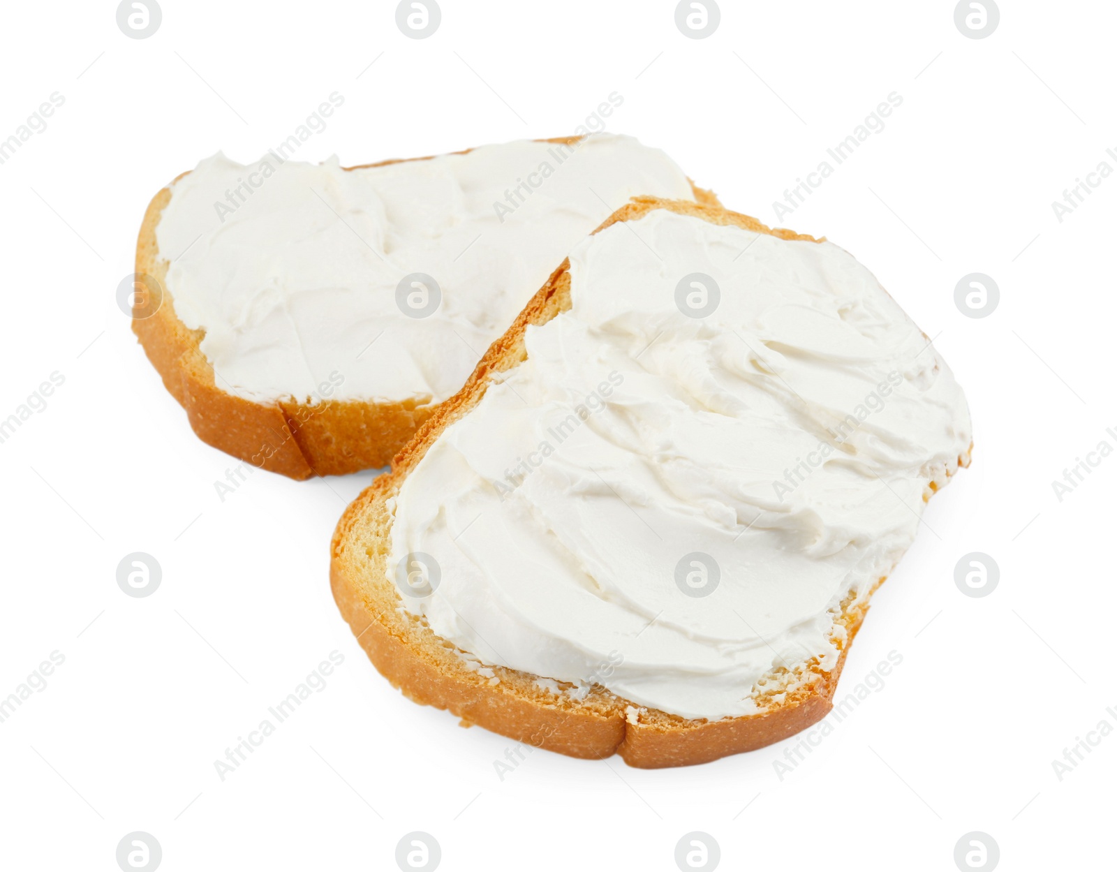 Photo of Slices of bread with cream cheese isolated on white