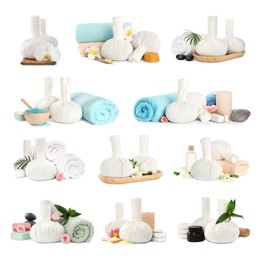 Image of Set with herbal massage bags and different spa supplies on white background