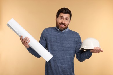 Confused architect with hard hat and draft on beige background