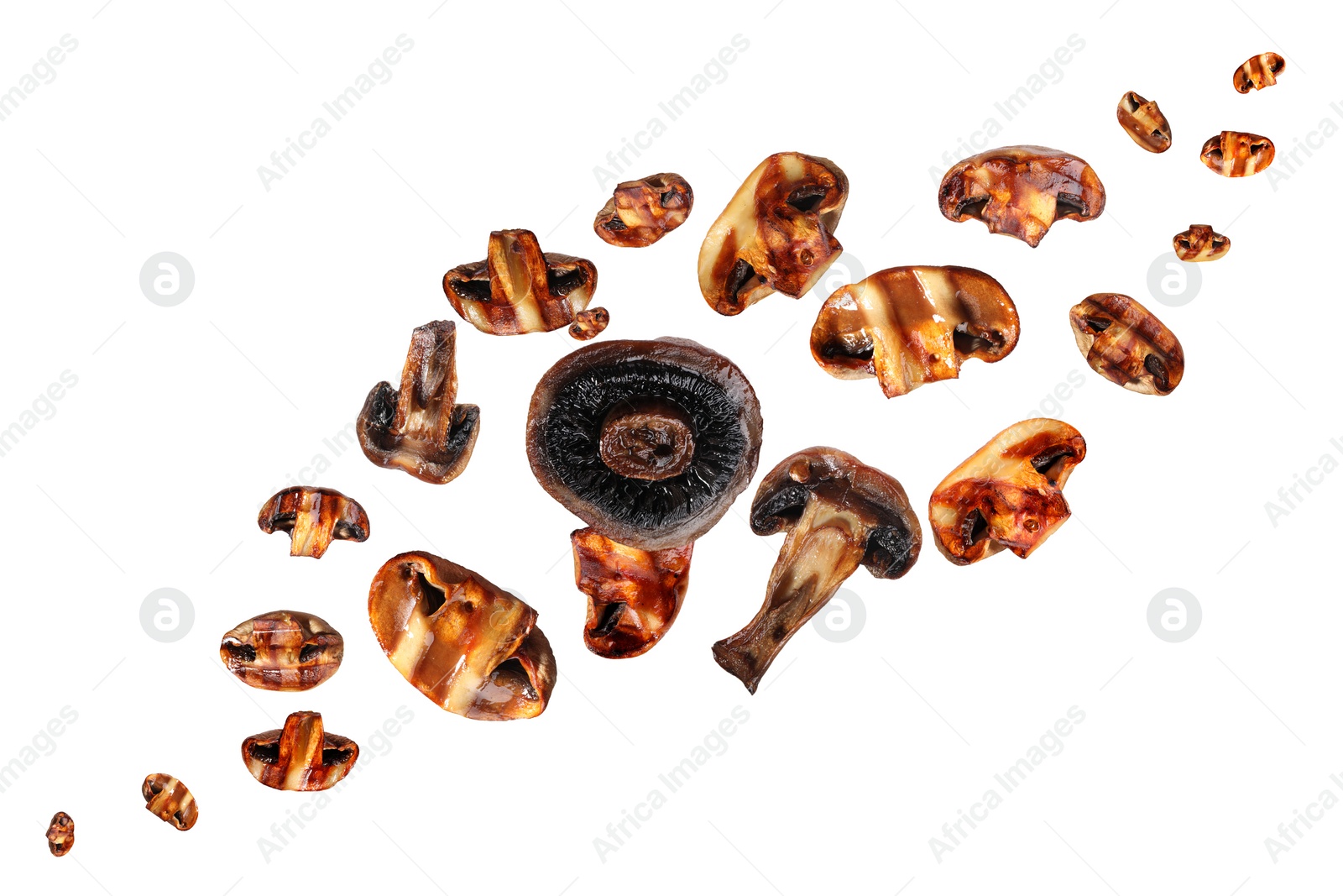 Image of Slices of grilled mushrooms in air on white background