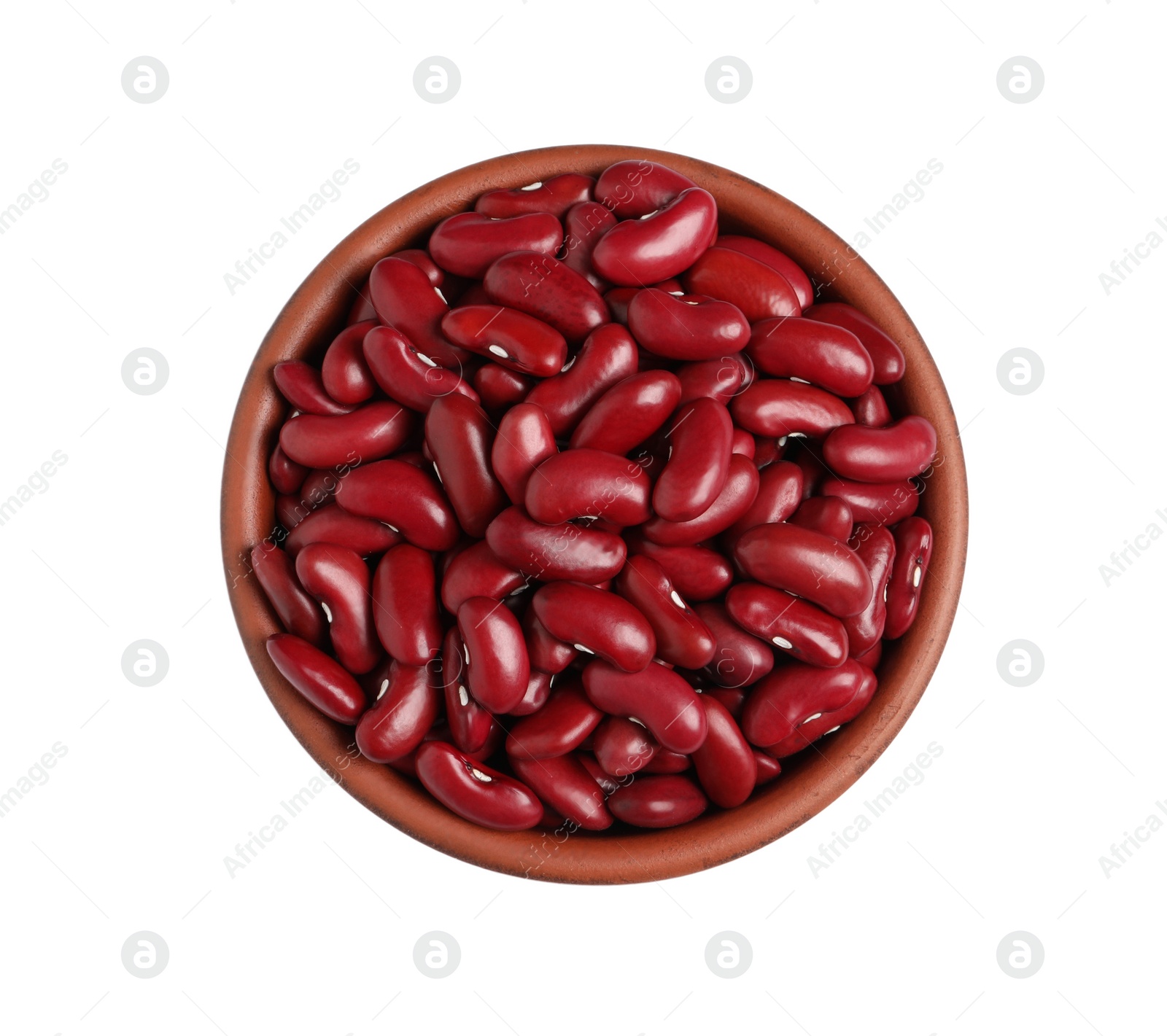 Photo of Bowl of raw red kidney beans isolated on white, top view