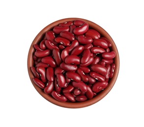 Photo of Bowl of raw red kidney beans isolated on white, top view