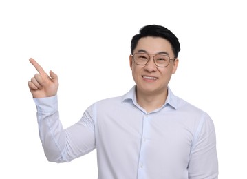 Photo of Businessman in formal clothes posing on white background