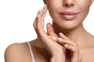 Woman with healthy skin on white background, closeup