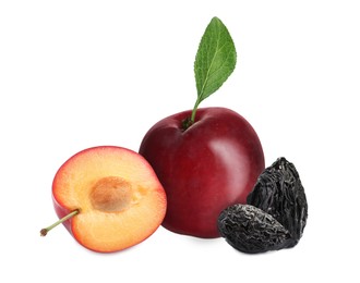 Image of Delicious fresh ripe plums and sweet dried prunes on white background 