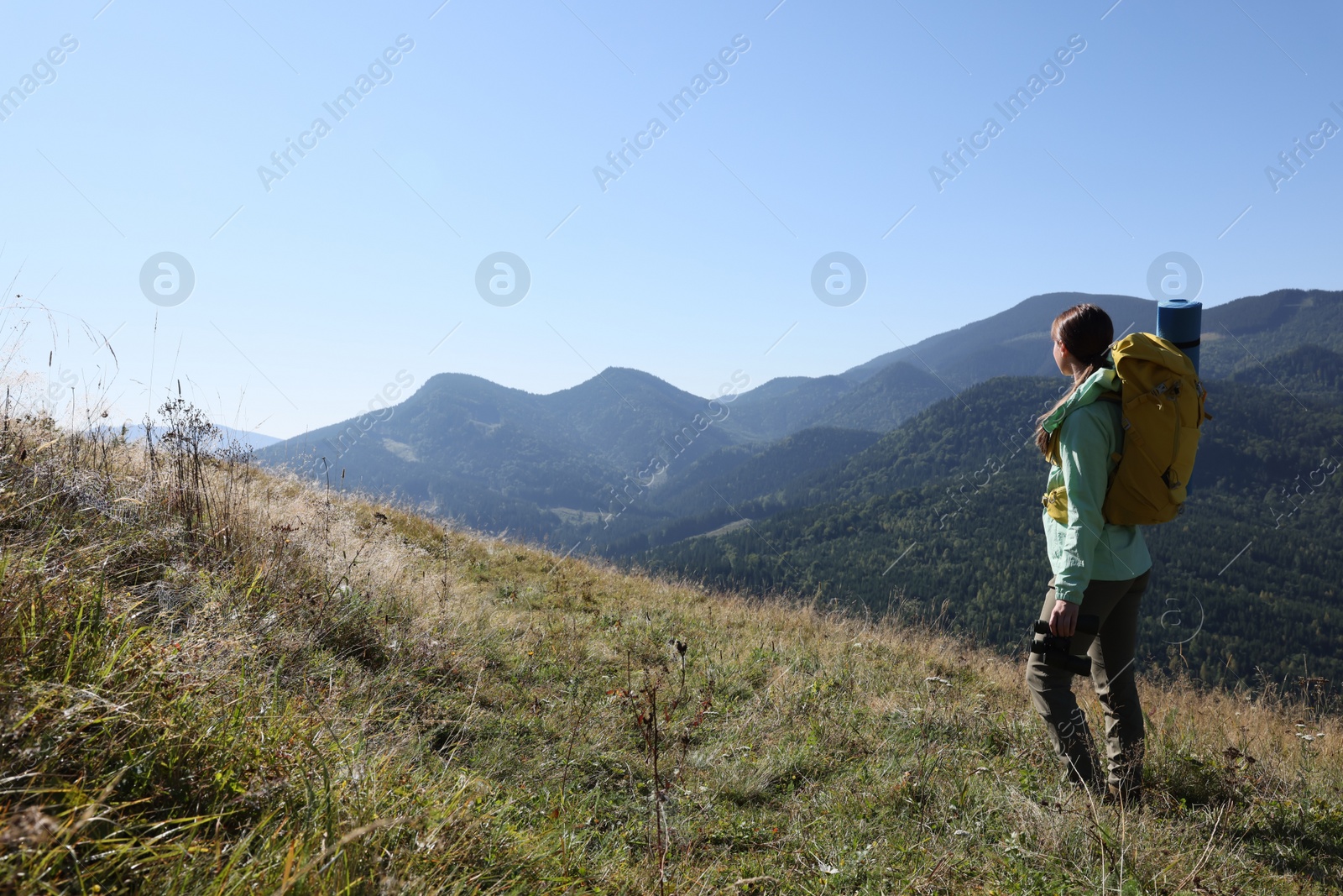 Photo of Tourist with backpack and binoculars enjoying view in mountains on sunny day