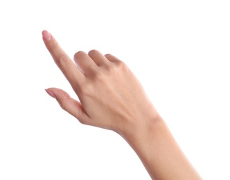 Photo of Woman pointing to something on white background, closeup