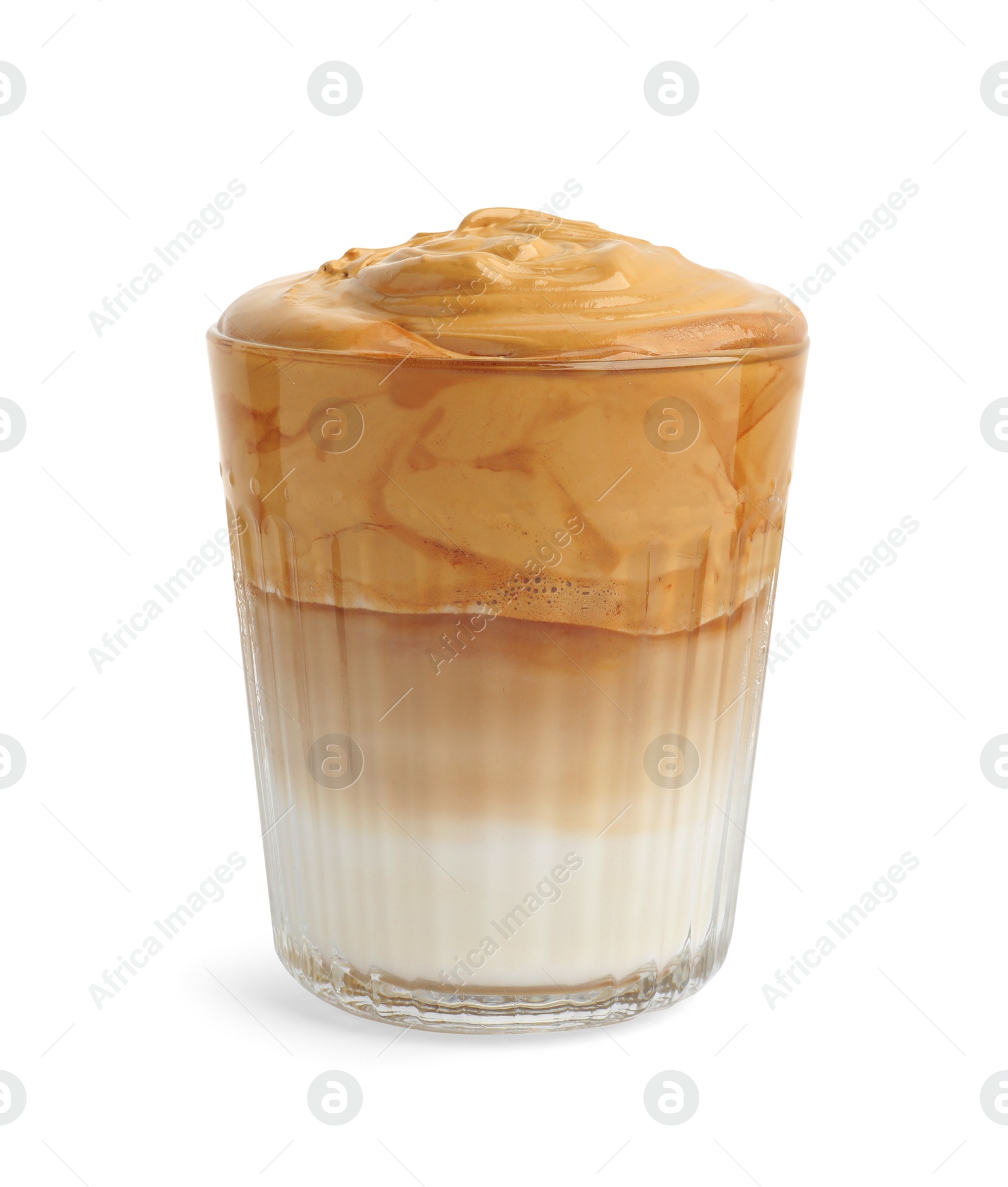 Photo of Glass of delicious dalgona coffee isolated on white