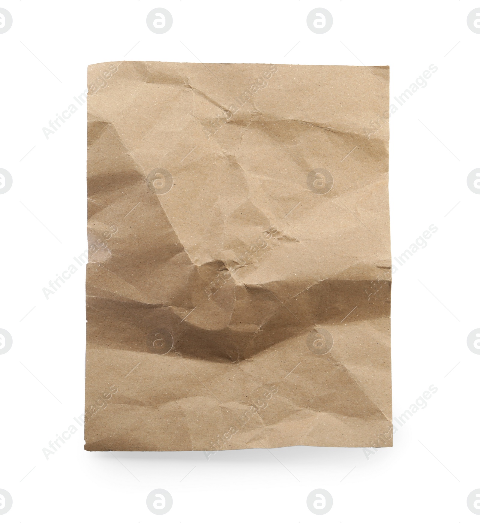 Photo of Crumpled kraft notebook sheet isolated on white, top view