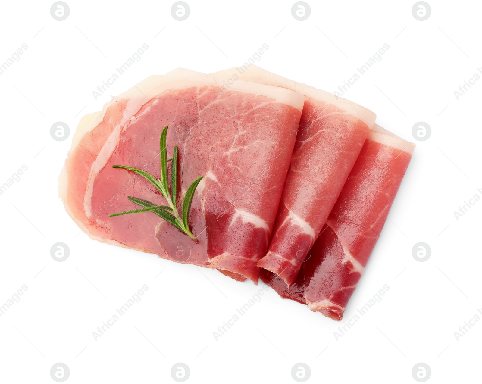 Photo of Delicious sliced jamon with rosemary on white background, top view