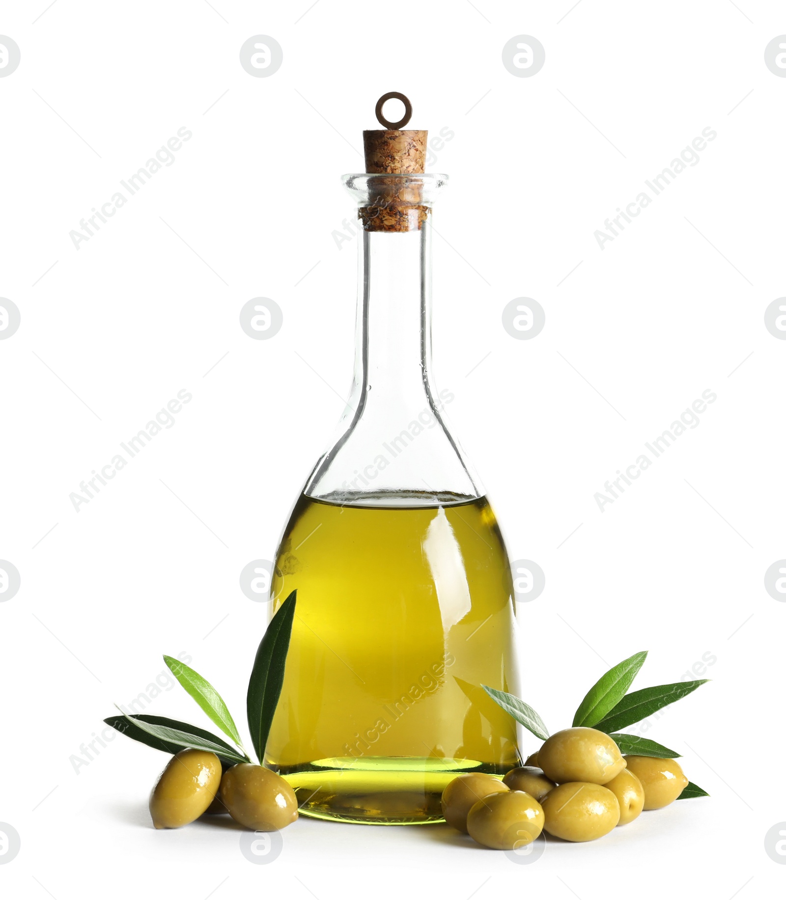 Photo of Glass bottle with fresh olive oil on white background