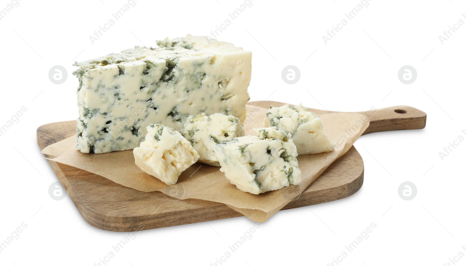 Photo of Wooden cutting board with blue cheese isolated on white
