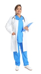 Full length portrait of female Hispanic doctor isolated on white. Medical staff