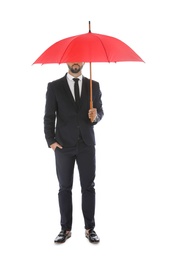 Photo of Businessman with red umbrella on white background