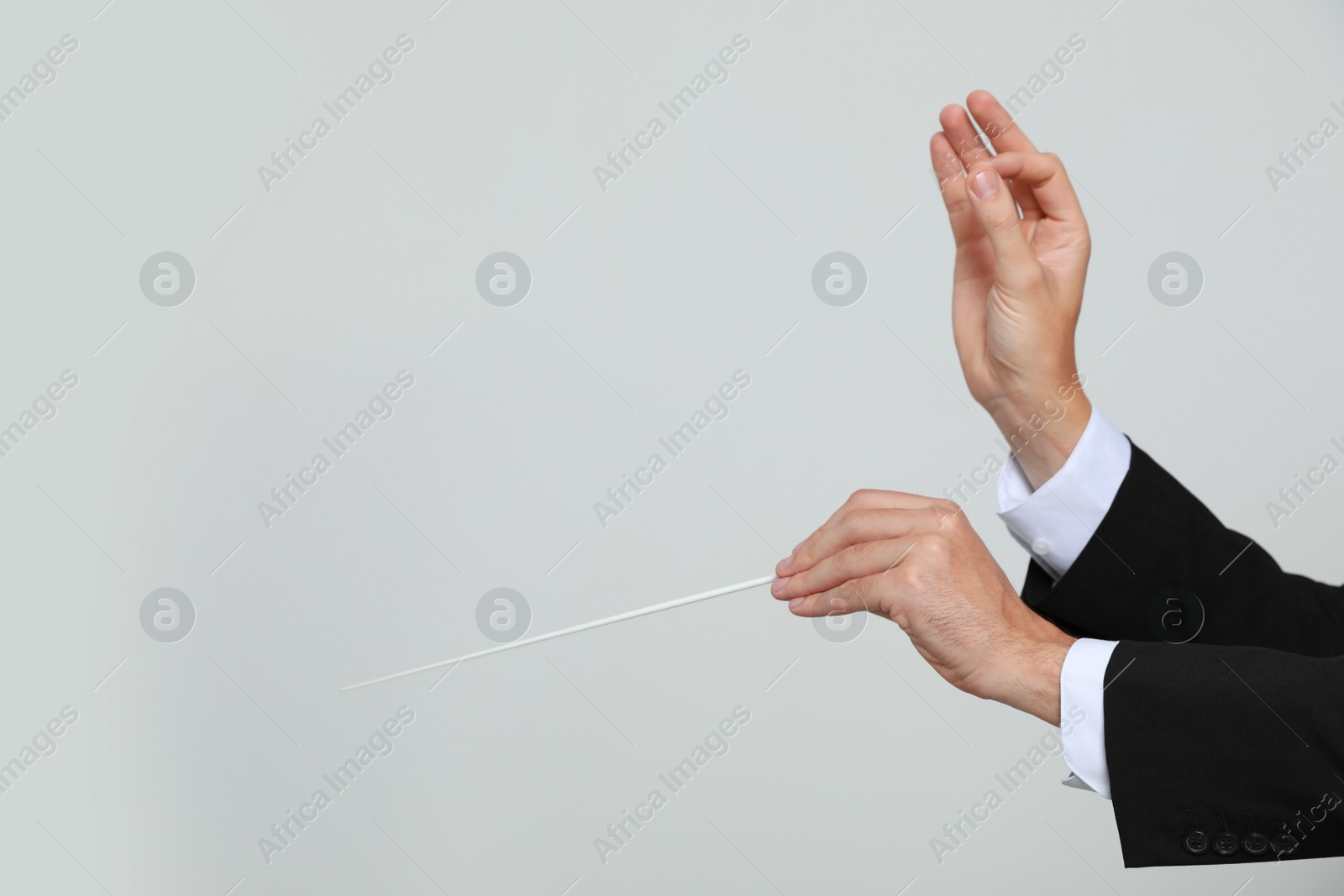 Photo of Professional conductor with baton on light grey background, closeup. Space for text