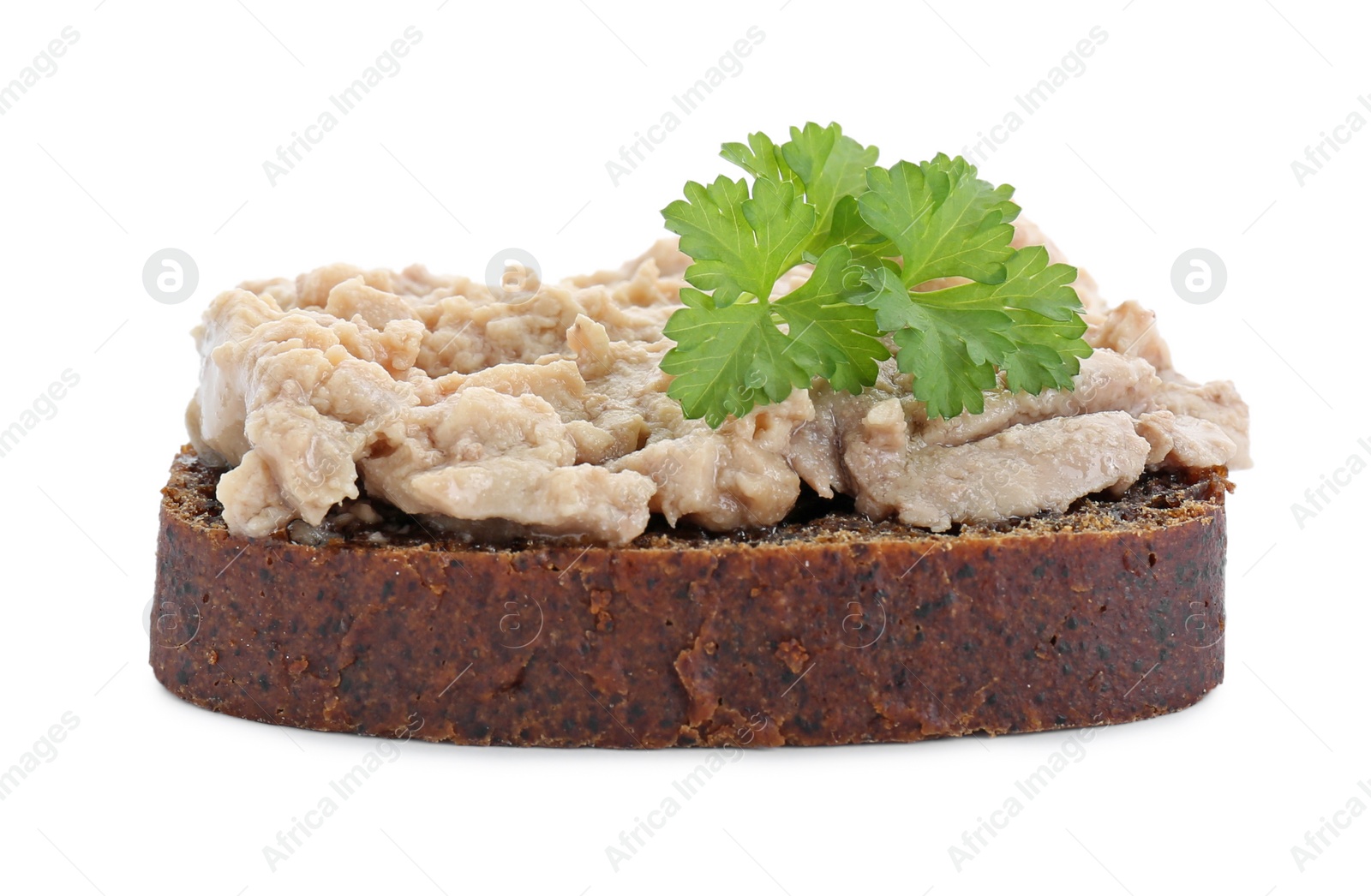 Photo of Tasty sandwich with cod liver and parsley isolated on white