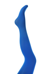 Photo of Leg mannequin in blue tights on white background
