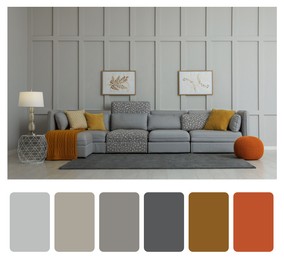 Color palette and photo of stylish living room interior. Collage