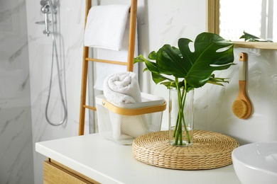 Photo of Tropical monstera leaves in stylish bathroom interior