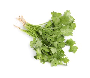 Photo of Bunch of fresh coriander on white background, top view